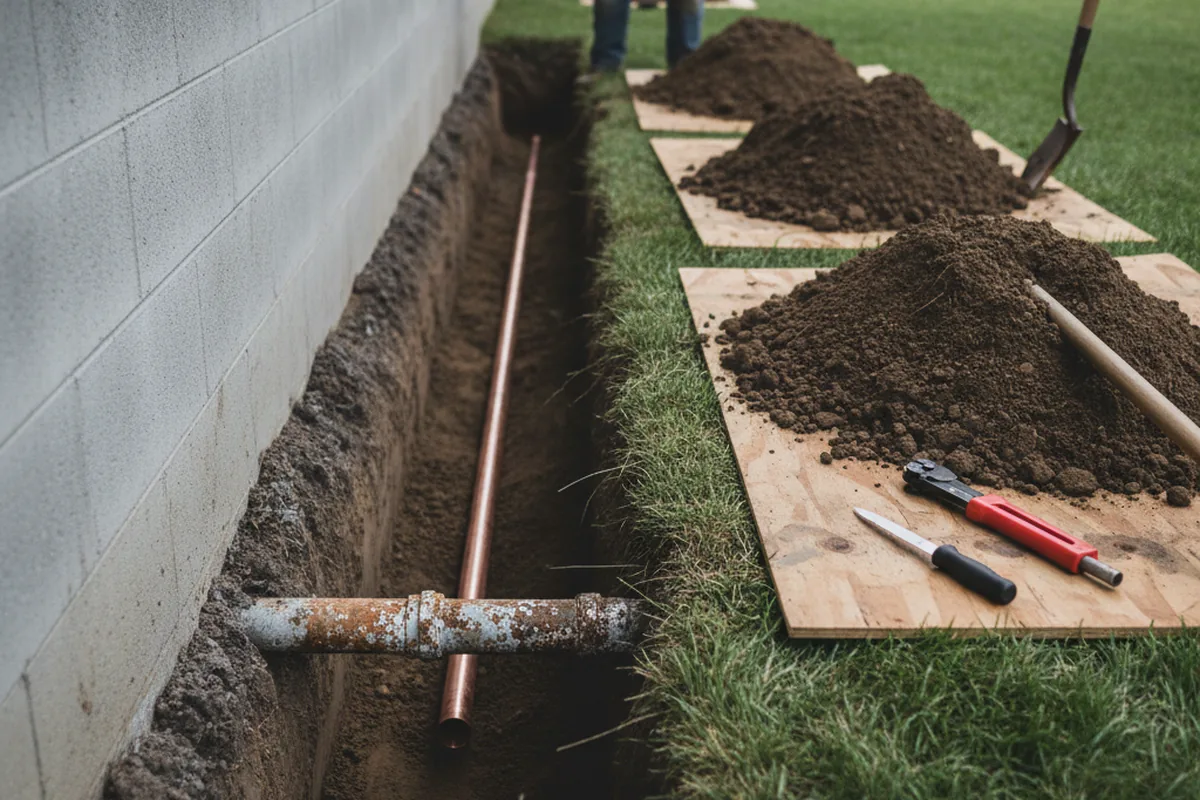 Excavated water line trench during Sewer Line Repair in South Heights